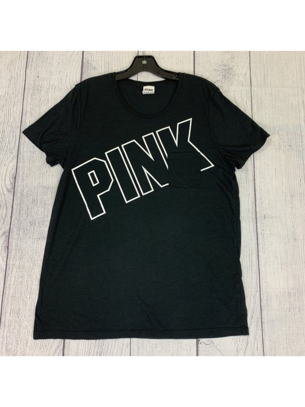 PINK Victoria's Secret Shirt Womens L Black Logo Pocket Crew T Shirt Casual